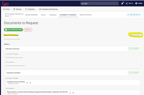 Document Request set-up in Template Editor and Reports